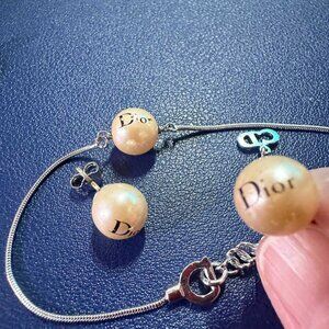 Dior Faux Pearl Bracelet & Earring Set Silver Tone Costume Jewelry